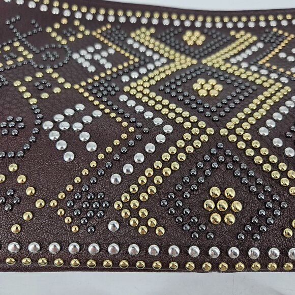 Studded Wristlet Clutch Purse Bag Brown Gold Silver Accents 2 Detach Straps 11x7 - Picture 4 of 13